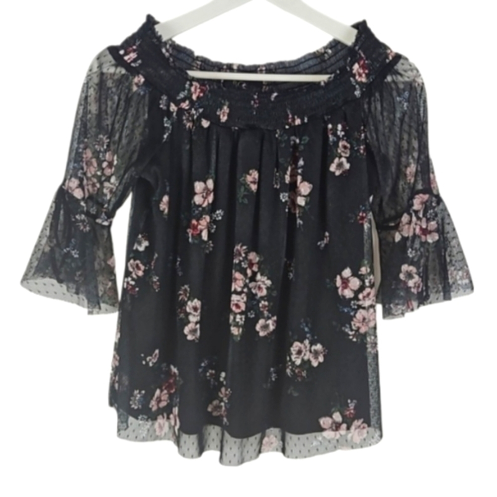 Mesh & Floral Top in Black and Pink, L